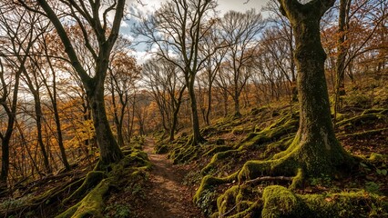 Naklejka premium Dense moss-covered forest within a conservation zone