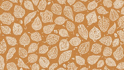 Repeated 2D illustrated pattern of skeleton leaves in monochrome print style with a lino cut look on a warm brown base. Crafted design ideal for home projects and packaging.