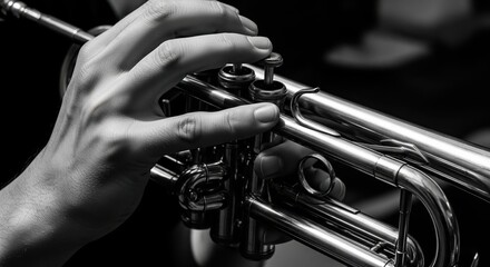 Fototapeta premium A musician's hands in black and white, playing the valves of a silver trumpet.