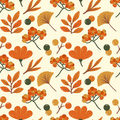 Seamless pattern with colorful autumn leaves, berries. Vector background for Thanksgiving Day.