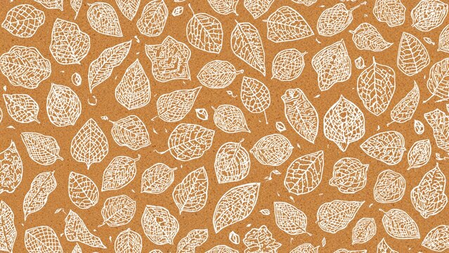 Repeated 2D illustrated pattern of skeleton leaves in monochrome print style with a lino cut look on a warm brown base. Crafted design ideal for home projects and packaging.