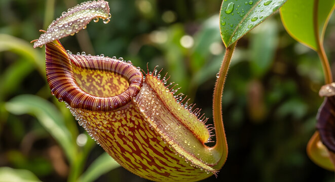Close-up of a pitcher plant with vibrant colors and water droplets.
