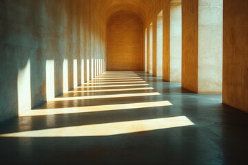 Light streams through the tall windows down a long column-lined corridor.