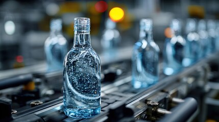 Bottling plant operation: bottles filled with water moving along conveyor belt
