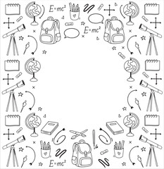 Back to School square background with place for text. Hand drawn school supplies. Vector School banner. Black and white Collection of office supplies in doodle sketch style on white background. Vector