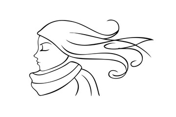 Woman in profile with flowing hair scarf on face