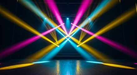 Empty stage with colorful spotlights illuminating the floor. Live music event, disco party, show, or theater performance.