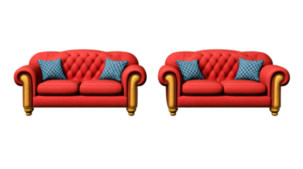 Two elegant red sofas with blue cushions on transparent background