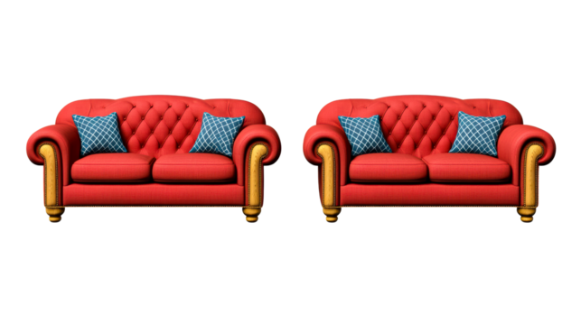 Two elegant red sofas with blue cushions on transparent background