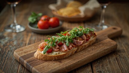 Authentic bruschetta featuring dried tomato slices, prosciutto, and peppery arugula
