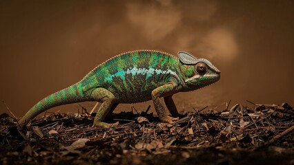 Fototapeta premium Color-changing reptile stalking prey among trees.