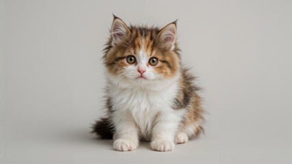 Adorable tri-hued baby cat on a soft gray surface
