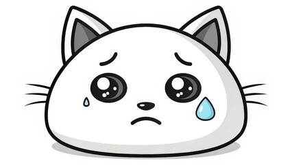 Sad cat-like emoticon in monochrome with teardrop and drooping features, reflecting pet grief or gentle sadness