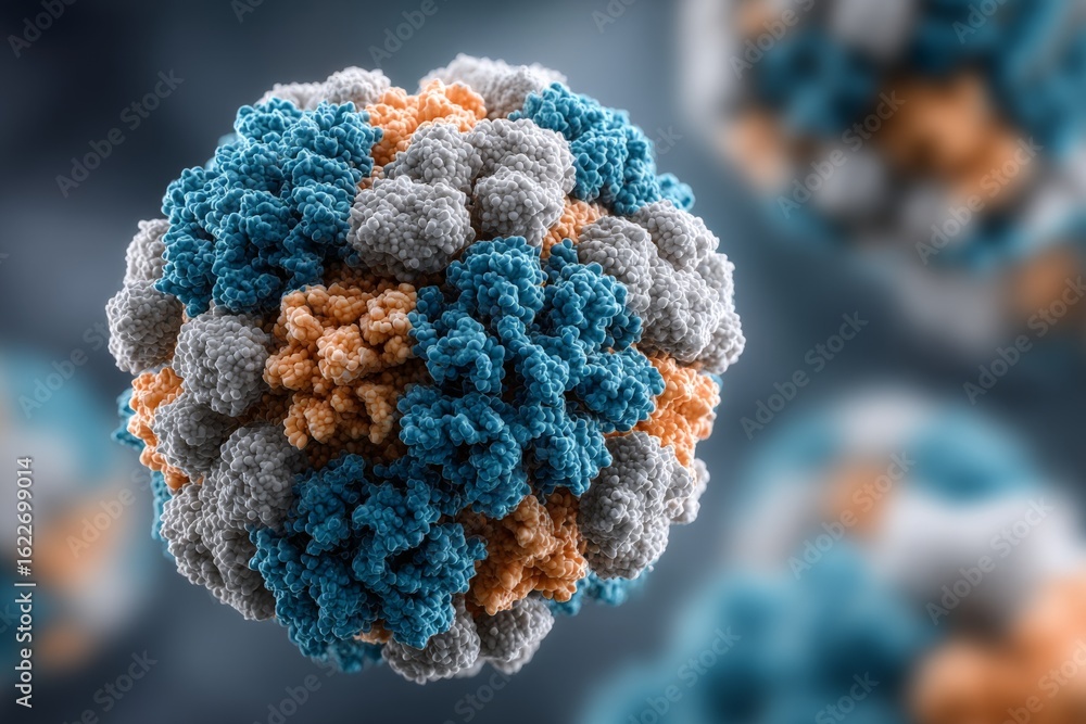 Poster detailed view of a virus structure showcasing its unique design and color variations under a microsc