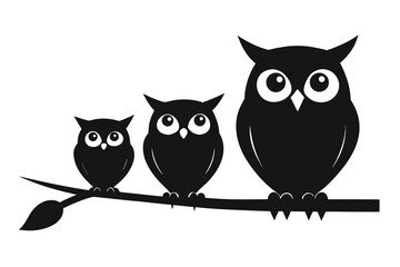 Fototapeta premium Black Silhouette Three Owls Perched on a Branch with Leaf