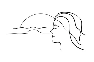 Woman silhouette profile watching sunset over water minimalist line art face head