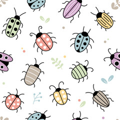 Cartoon style bugs seamless pattern, background.  Simple cute hand-drawn kids illustrations, doodles