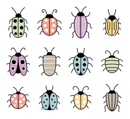 Set of simple cartoon style bugs, cute hand-drawn kids illustrations, doodles