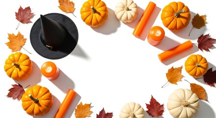 Halloween witch hat, small pumpins, and autumn leaves on a white background. Fall holiday arrangement for autumn celebrations.
