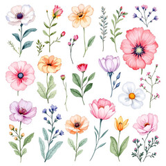 Floral set, flowers and leaves, watercolor digital illustration for greeting card, poster, invitation and other printing design. Isolated on white. Hand drawn.