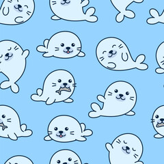 Simple kawaii seal, fur seal seamless pattern, background. Cute kids, children cartoon style drawings, illustrations