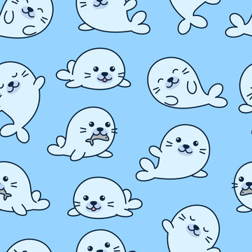 Simple kawaii seal, fur seal seamless pattern, background. Cute kids, children cartoon style drawings, illustrations