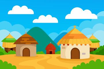 Fototapeta premium Cottage in a mountain landscape with trees, green grass, and a village under a summer sky