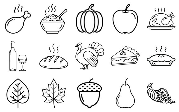 Thanksgiving line art food icon set, holiday dinner outline vector collection