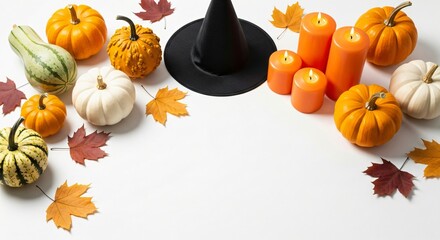 Halloween witch hat, small pumpins, and autumn leaves on a white background. Fall holiday arrangement for autumn celebrations.