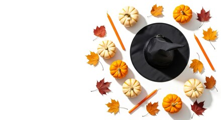 Halloween witch hat, small pumpins, and autumn leaves on a white background. Fall holiday arrangement for autumn celebrations.