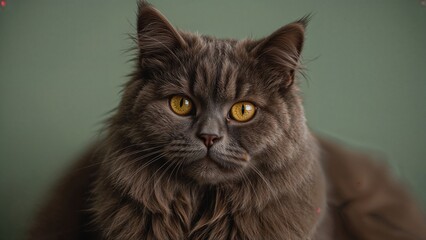 Fluffy feline with smoky fur and striking yellow eyes