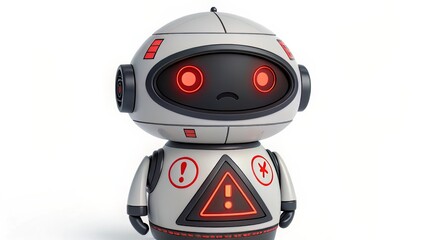 Futuristic robotic face with warning sign, ideal for systems diagnostics or cybersecurity visuals