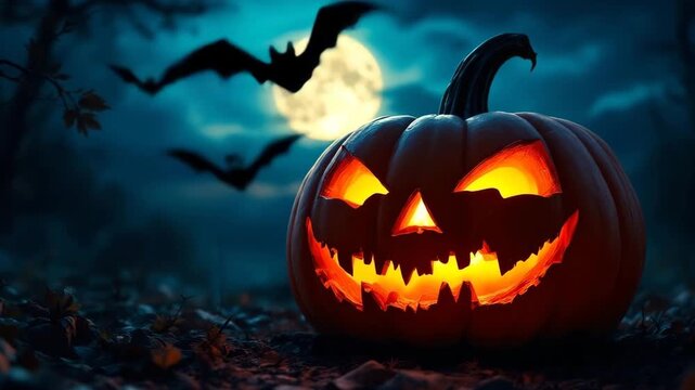 Glowing jack-o-lantern with bats flying at night halloween celebration