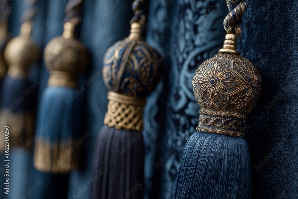 Poster elegant textile tassels arranged in a decorative display showcasing intricate craftsmanship and desi