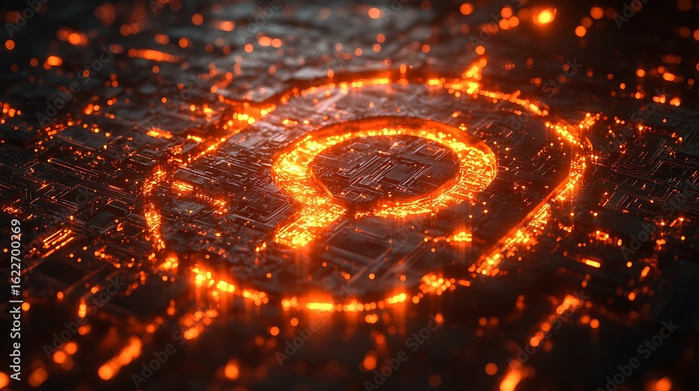 Poster fiery, glowing circuit pattern with a circular design.