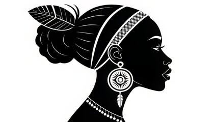 Black silhouette of tribal-style female face with earrings and bun, emphasizing cultural identity