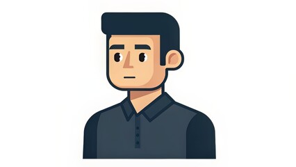 Simplified male avatar in flat shapes with neutral tone and dark clothing, designed for emotional nuance