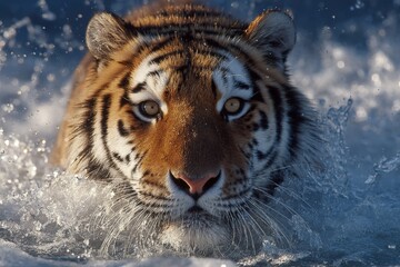 Majestic tiger swimming through water, showcasing strength and grace in a natural habitat during daylight hours