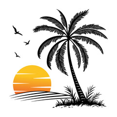 Tropical Palm Tree Silhouette with Sunset and Flying Birds – Summer Beach Vector Art