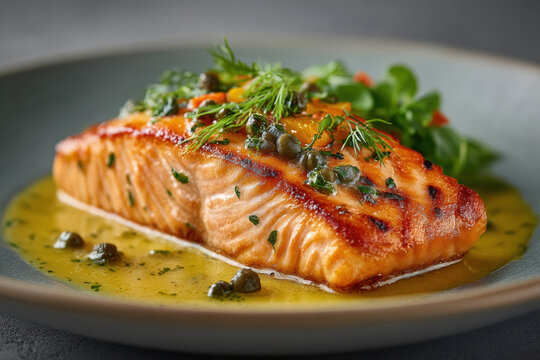 Grilled salmon fillet with capers and herbs on plate, garnished with fresh greens and served in lemon butter sauce