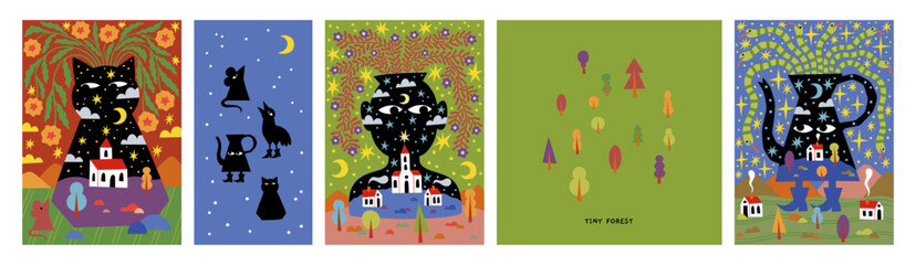 Abstract forest. Village park, tree and mountains in vase, trendy cute river flowers. Modern country hills. Vector poster background