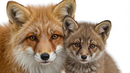 Fototapeta premium Close-up of an adult fox with a juvenile fox against a plain white backdrop