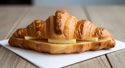 A freshly baked golden brown croissant sliced in half and filled with rich butter, a classic French pastry for a delicious breakfast or snack, served on a wooden table.