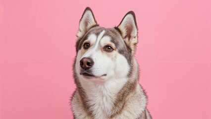 Amusing husky dog exhibiting sleepy eyes on vibrant pink studio background, representing pet emotions