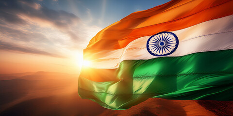 Indian flag in front of bright sky
