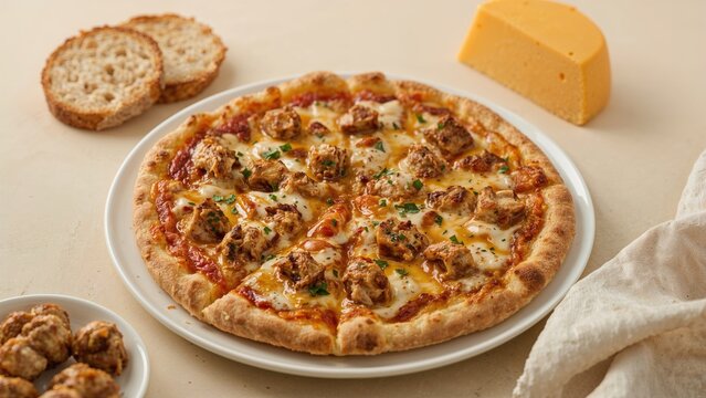 Tikka chicken pizza with cheese and bread on a plate, perfect for breakfast or lunch