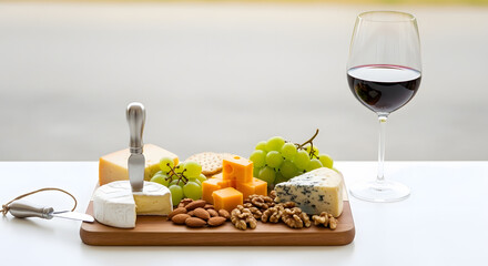 An elegant appetizer board featuring a curated selection of fine cheeses, fruits, and nuts, perfectly paired with a glass of rich red wine for a sophisticated tasting experience.
