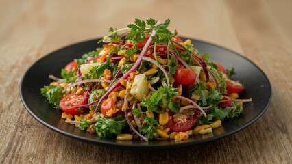 Multicolored salad of various vegetables and herbs arranged on a dark plate set against a wooden backdrop with blank space