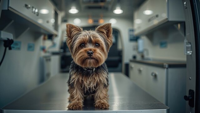 Happy little terrier standing on a grooming platform within a mobile pet clinic, advertising animal care offerings.