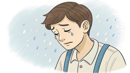 Crying cartoon boy with soft tones and tears on cheeks, capturing emotional vulnerability